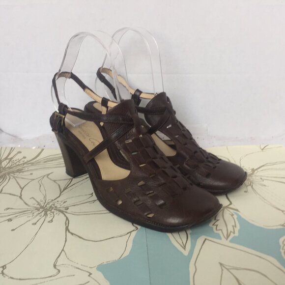 Kenneth Cole New York Brown Woven Leather Square Toe Slingback Block Heel Sandal